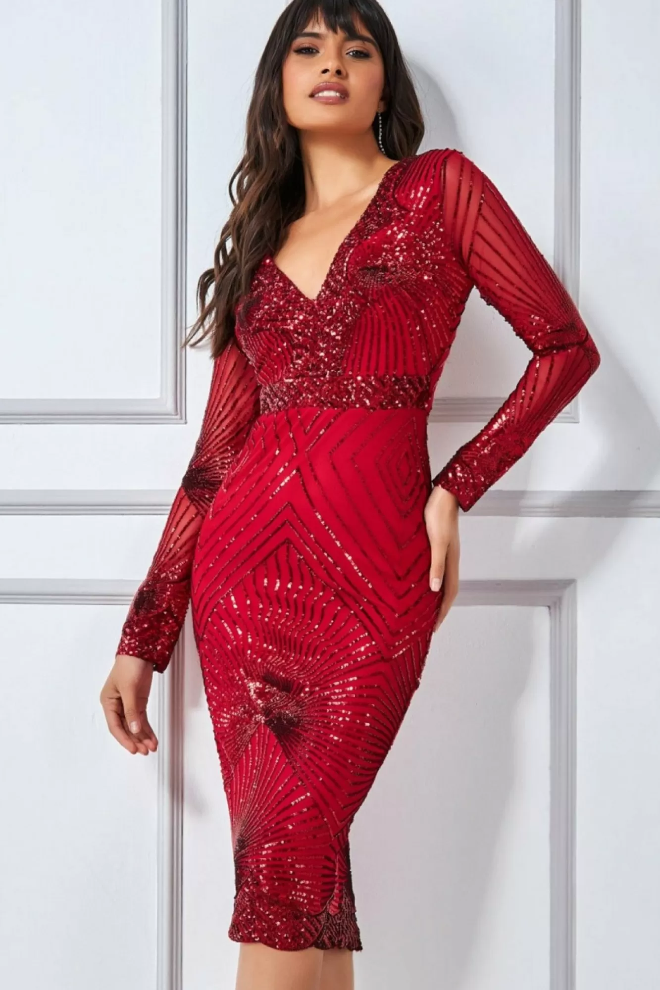 Midi Dresses^* Scalloped Hem Starburst Midi Dress Red