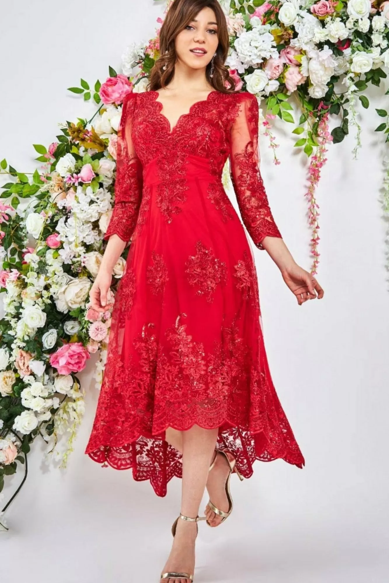 Midi Dresses^* Scalloped Lace High Low Midi Dress Red
