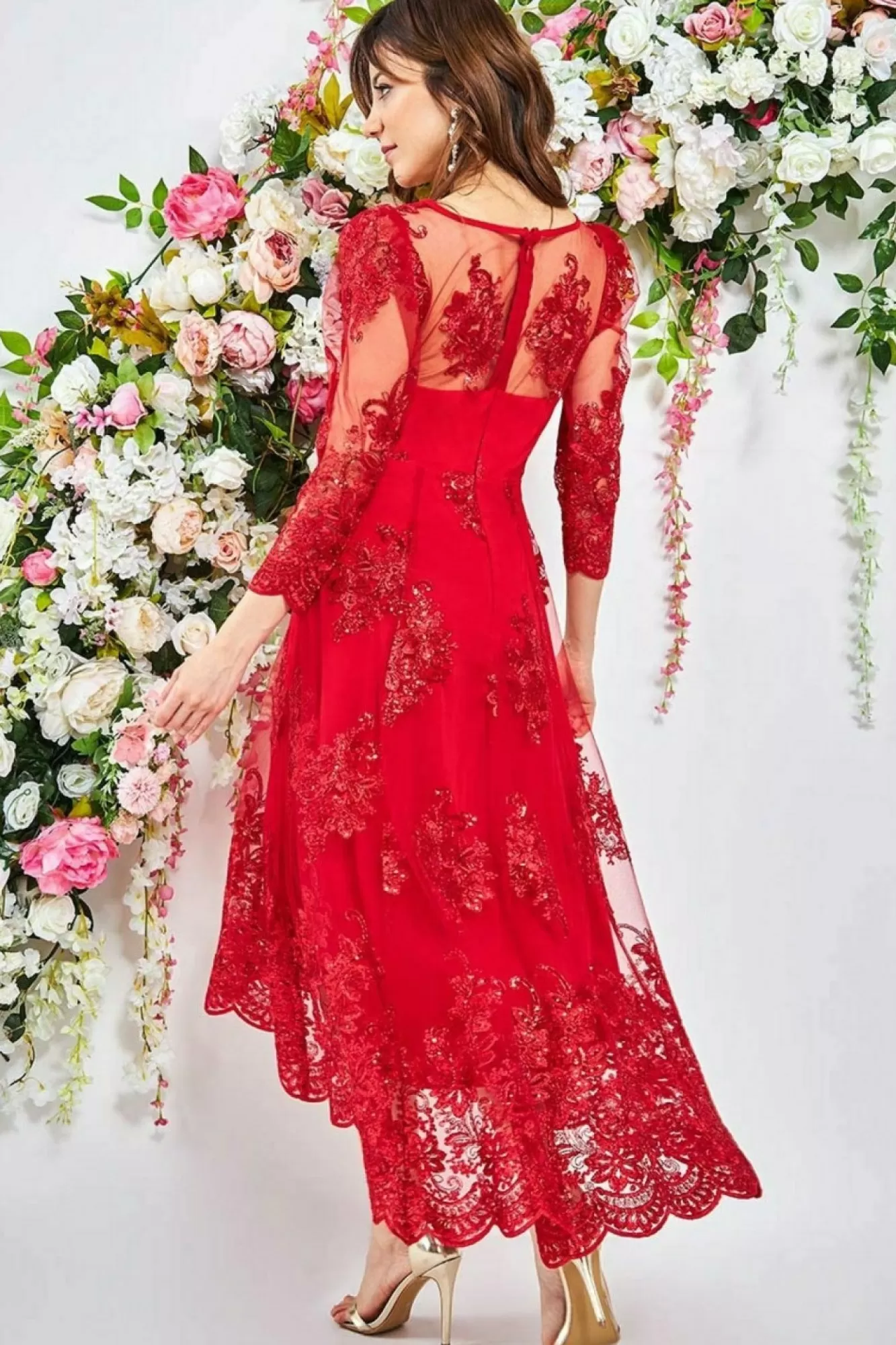 Midi Dresses^* Scalloped Lace High Low Midi Dress Red