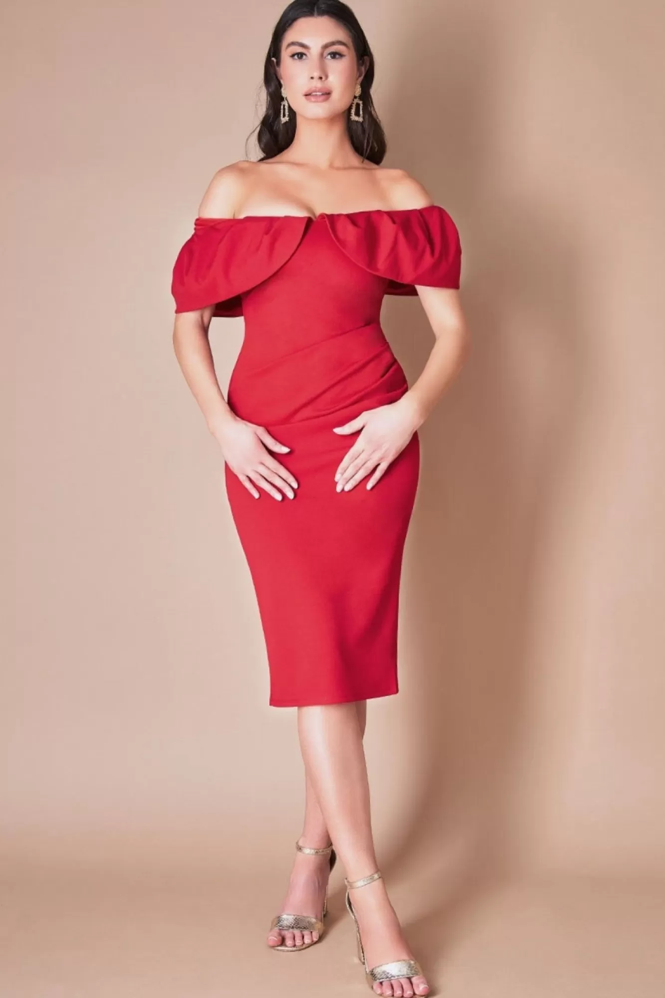 Midi Dresses^* Scuba Crepe Pleated Bardot Midi Red