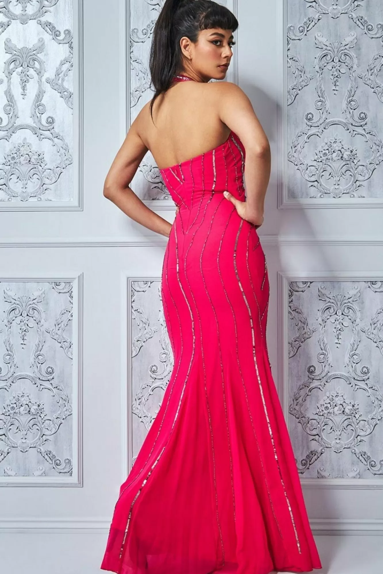 Maxi Dresses^* Sequin Halter Neck Maxi Dress Cerise