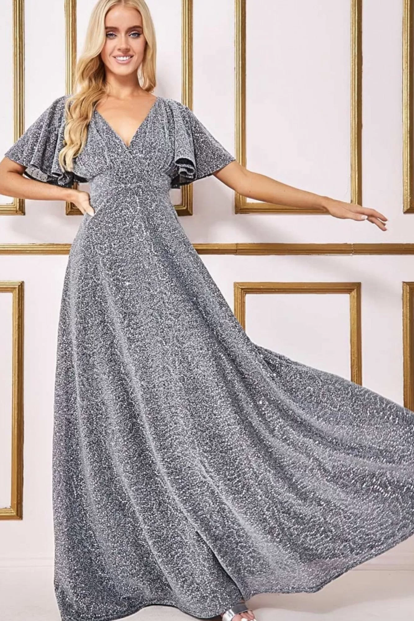 Maxi Dresses^* Sequin Lurex Flutter Sleeve Maxi Dress Silver