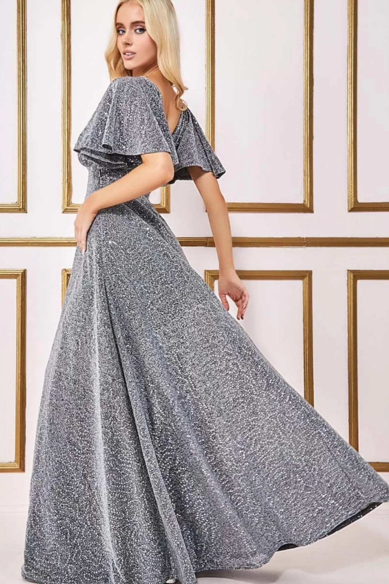 Maxi Dresses^* Sequin Lurex Flutter Sleeve Maxi Dress Silver