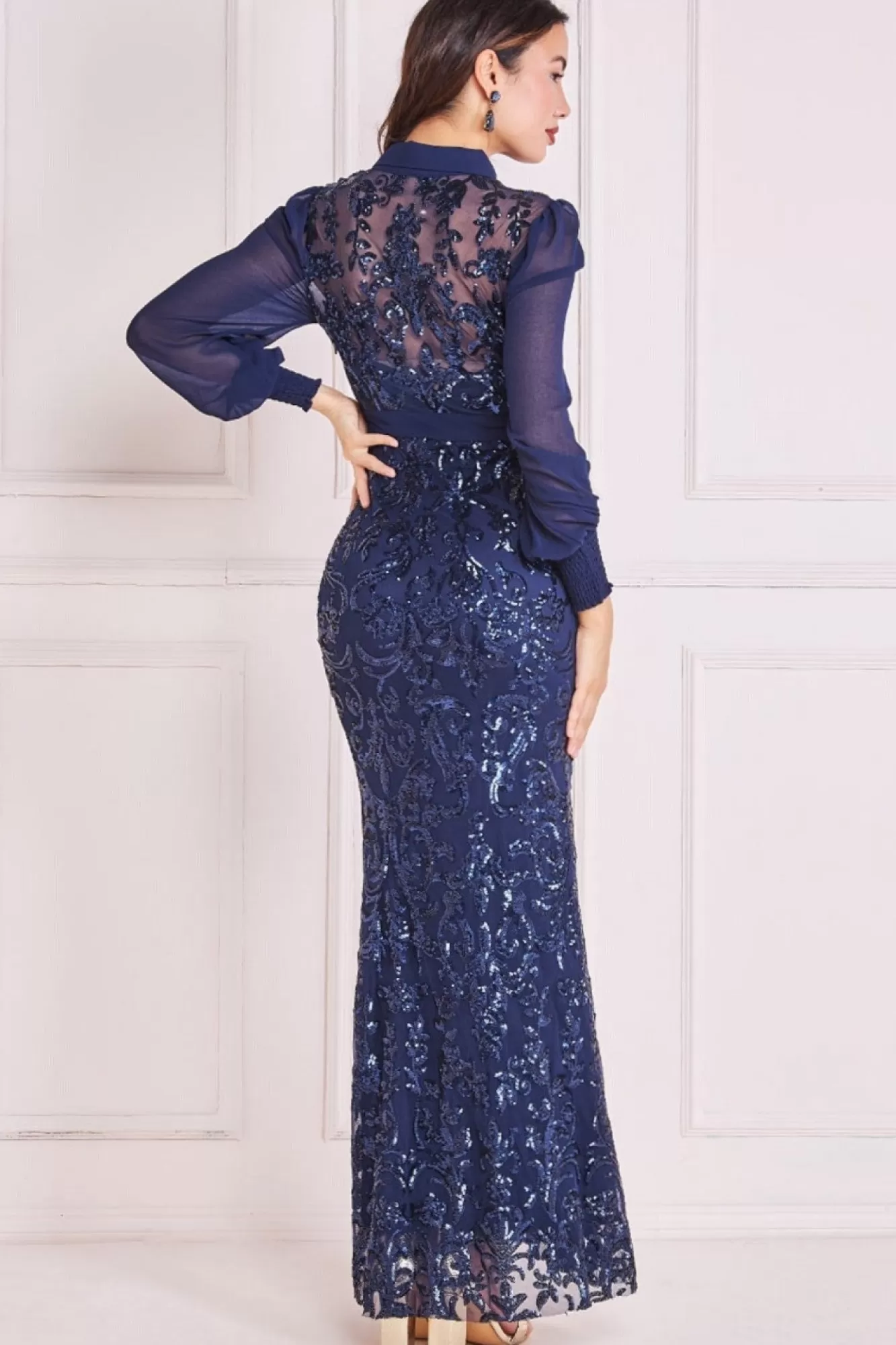 Maxi Dresses^* Sequin Mesh Shirt Maxi Chiffon Sleeves Navy
