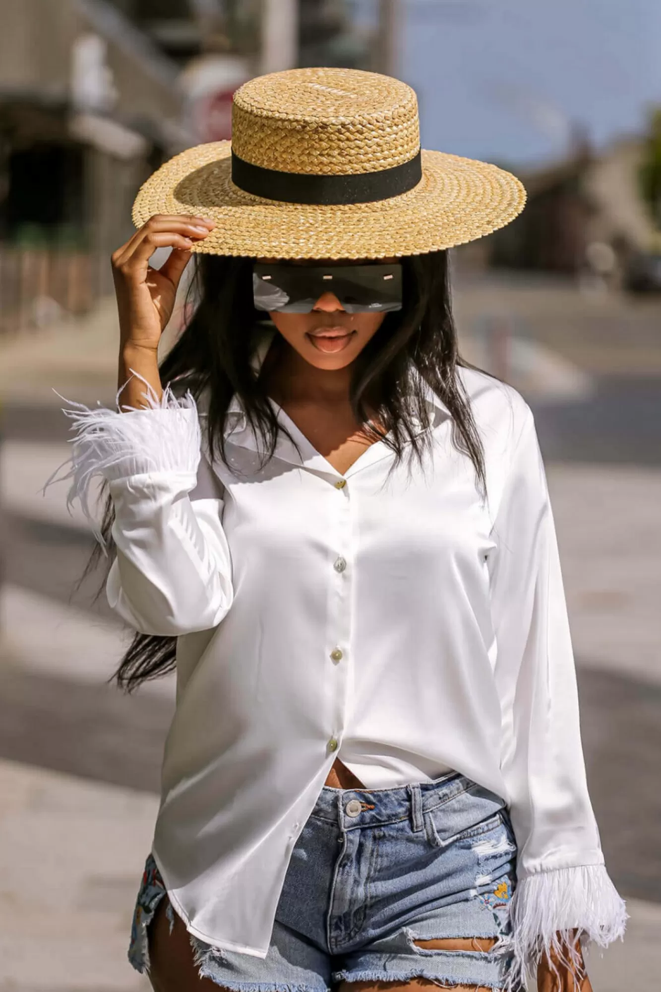 Blouses^SETSOFRAN London Faux Feather Trim Blouse White