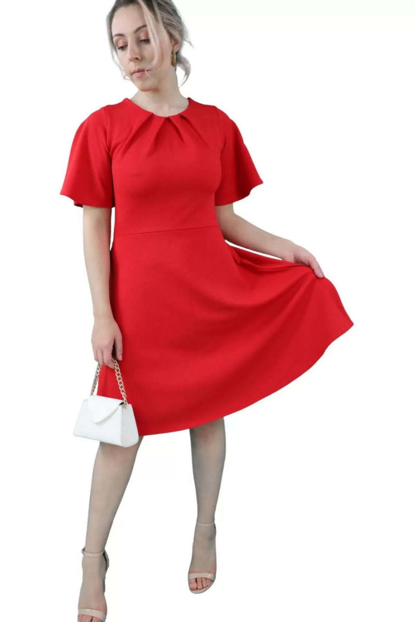 Mini Dresses^Signage Half Sleeve Box Pleat Skater Dress Red