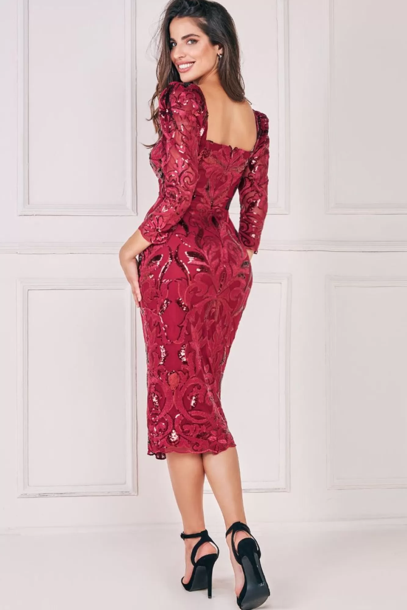 Midi Dresses^* Square Neck Scalloped Lace Midi Wine