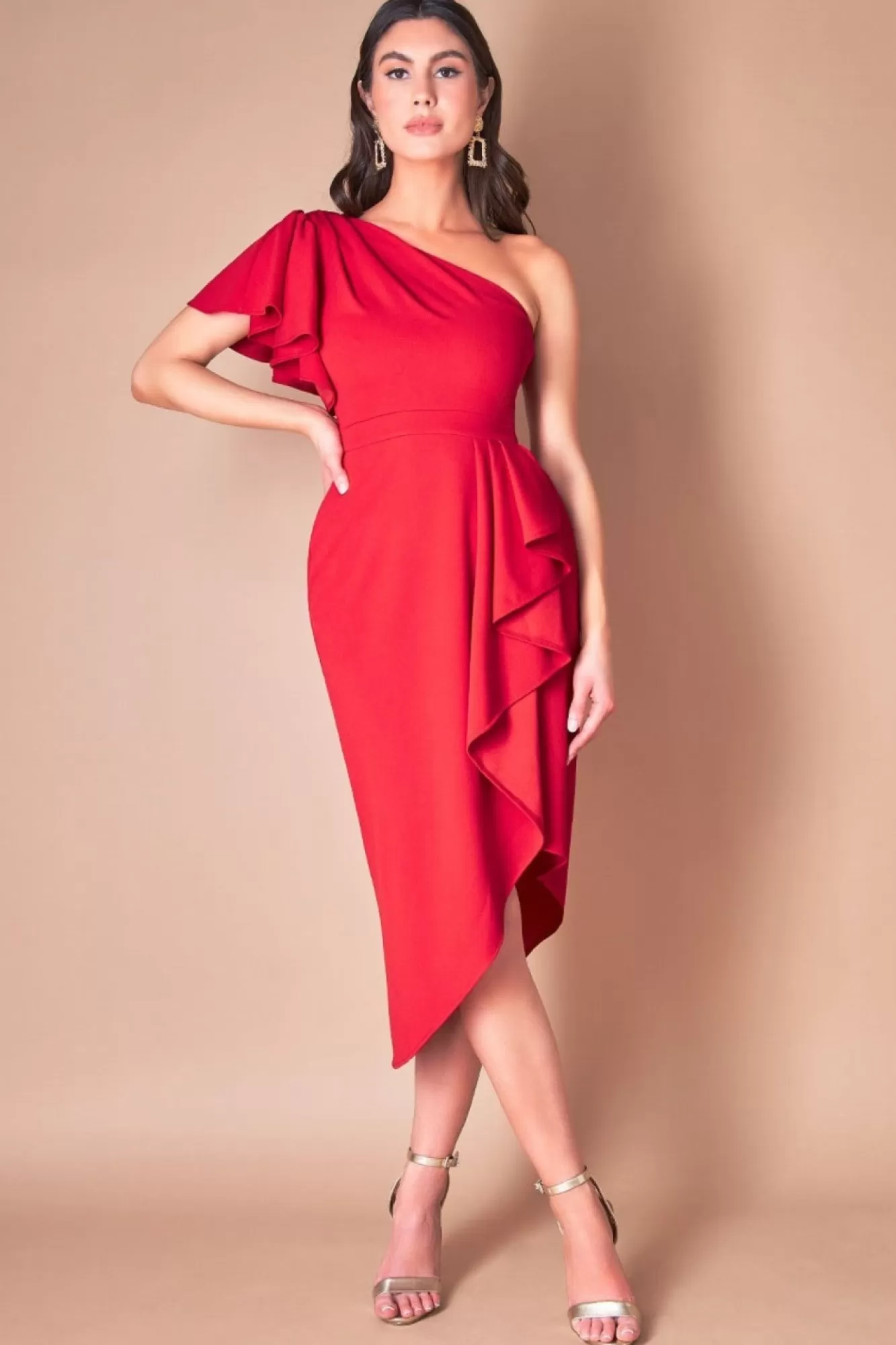 Midi Dresses^* Waterfall Sleeve Wrap Midi Dress Red