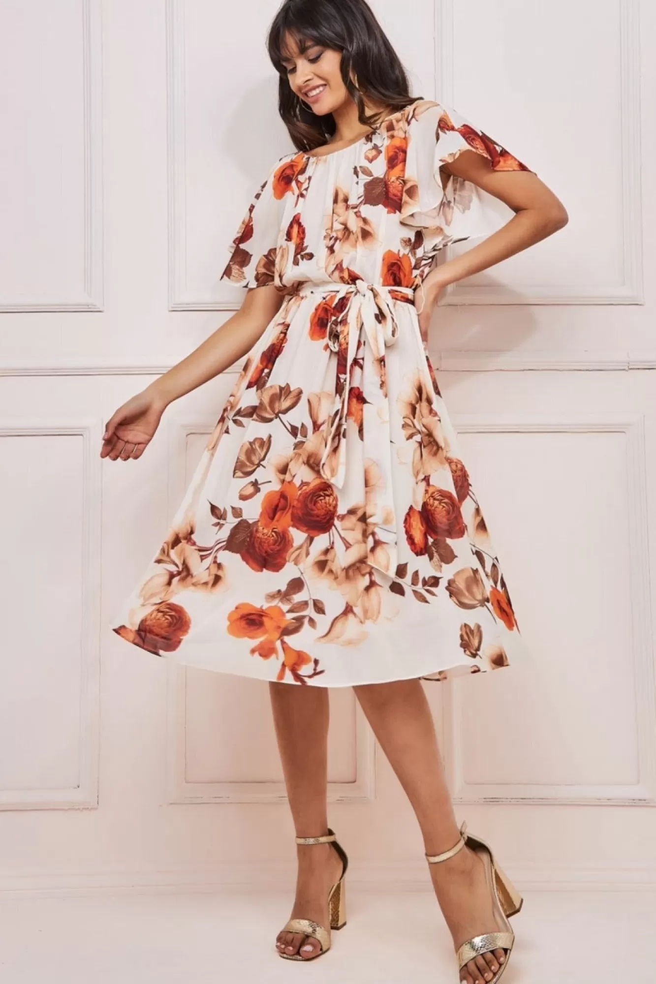 Midi Dresses^* Wrap Back Flutter Sleeve Midi Beige