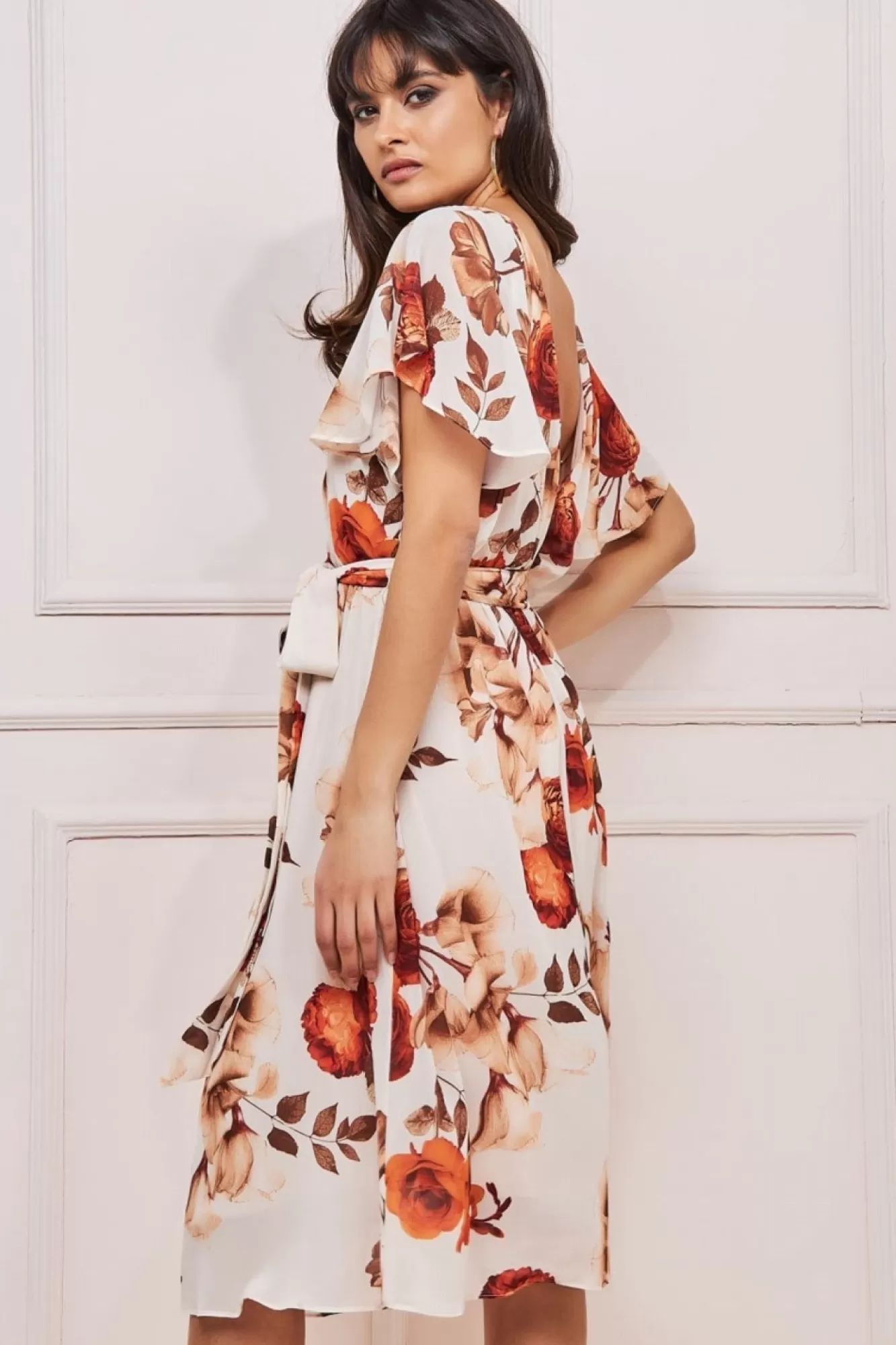 Midi Dresses^* Wrap Back Flutter Sleeve Midi Beige