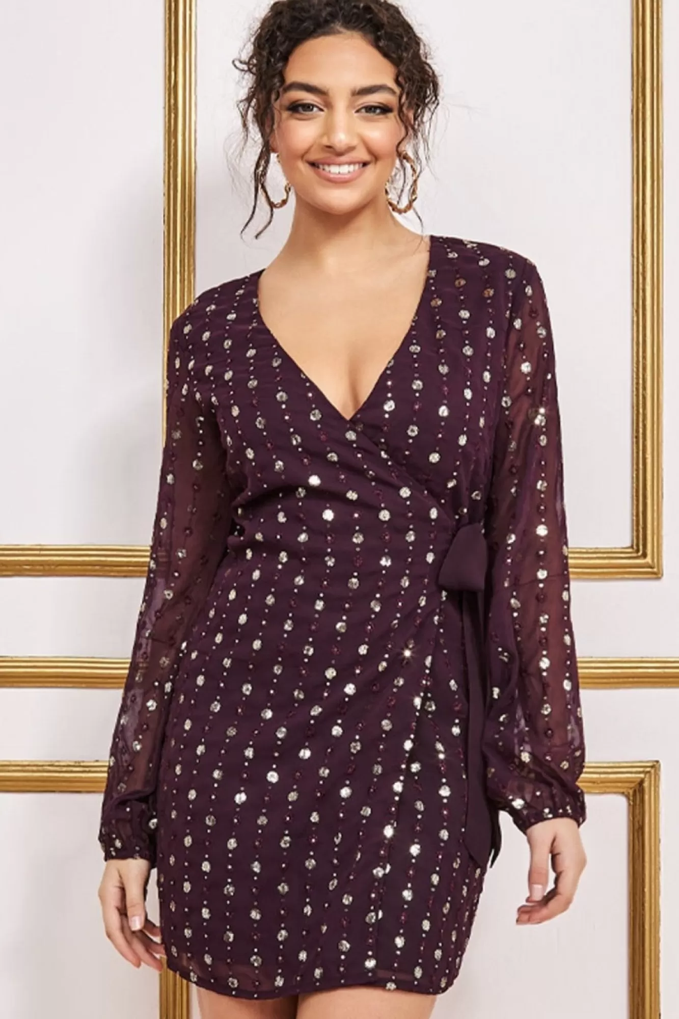 Mini Dresses^* Wrap Over Sequin Mini Wine