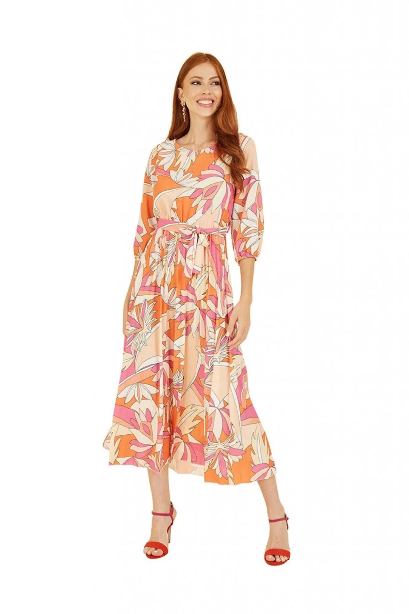 Midi Dresses^Yumi Abstract Print Pleated Midi Dress Orange