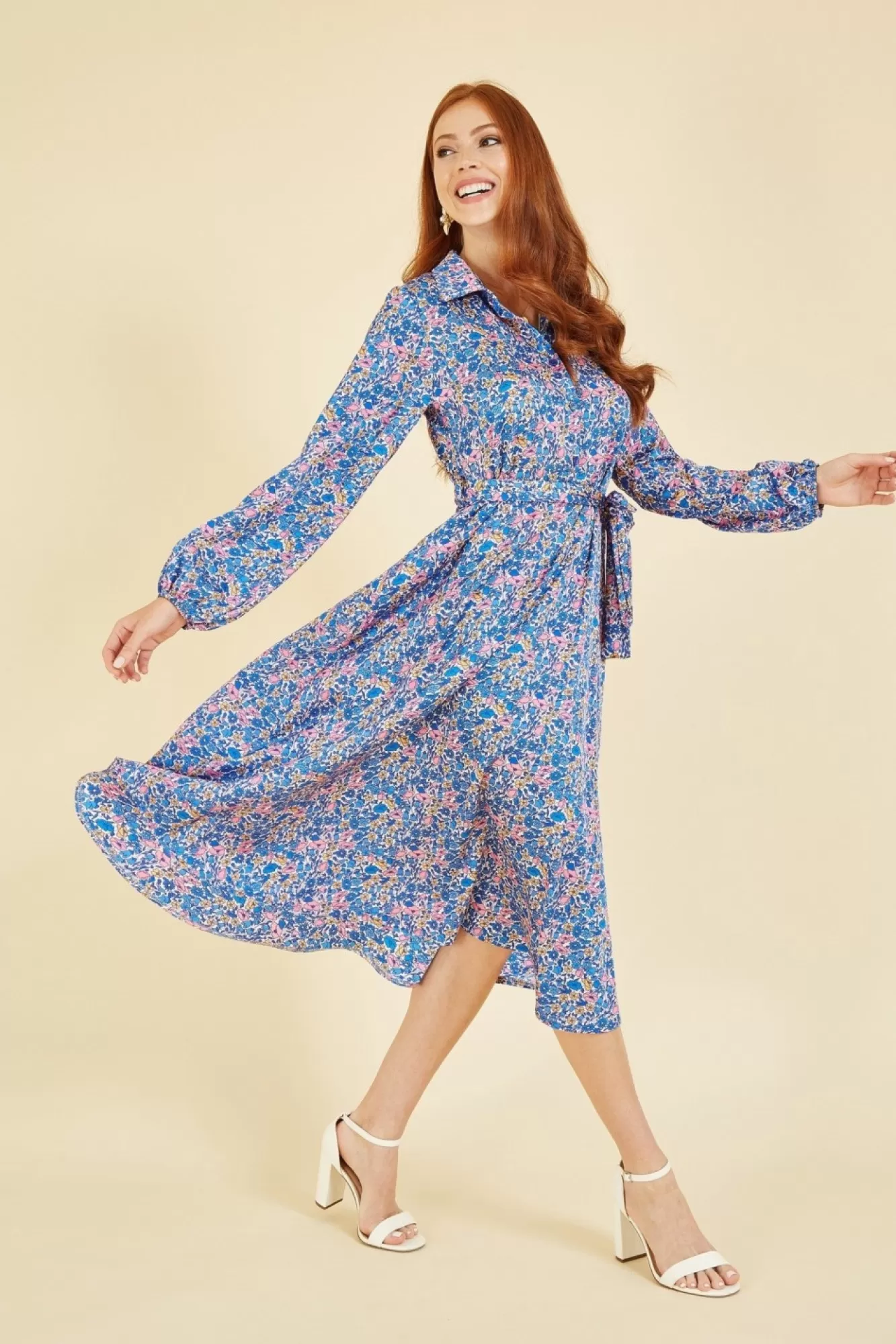 Midi Dresses^Yumi Ditsy Print Long Sleeve Midi Shirt Dress Blue