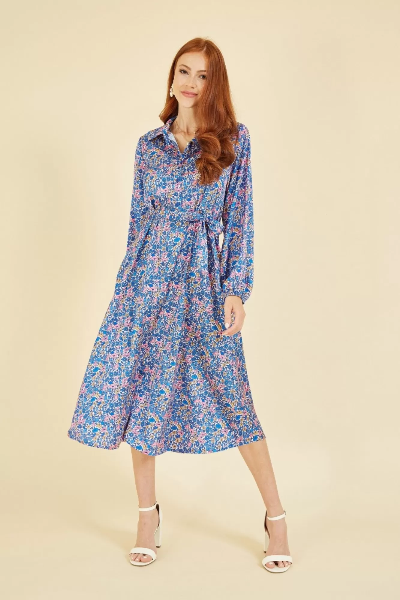 Midi Dresses^Yumi Ditsy Print Long Sleeve Midi Shirt Dress Blue