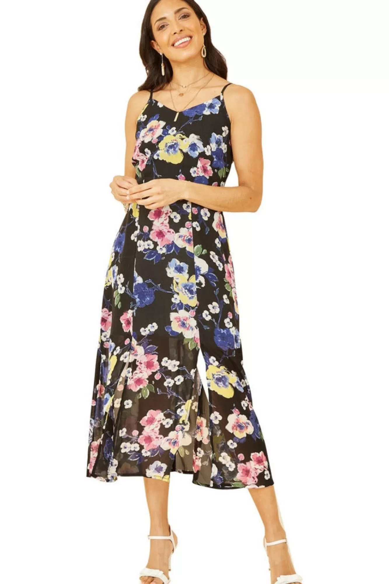 Mini Dresses^Yumi Floral Strappy Midi Dress With Split Hem Black