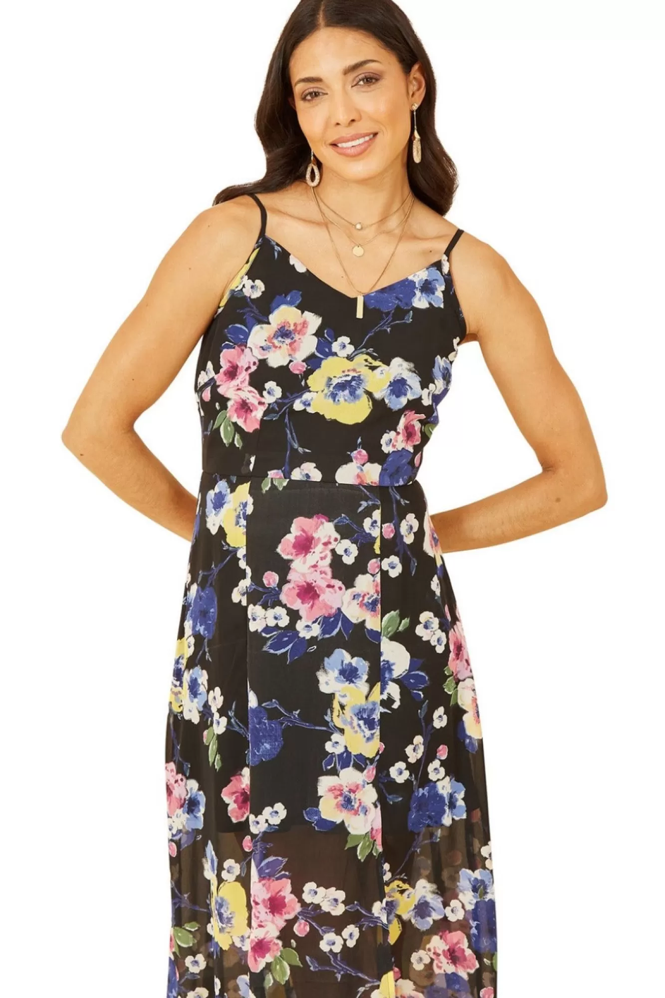 Mini Dresses^Yumi Floral Strappy Midi Dress With Split Hem Black