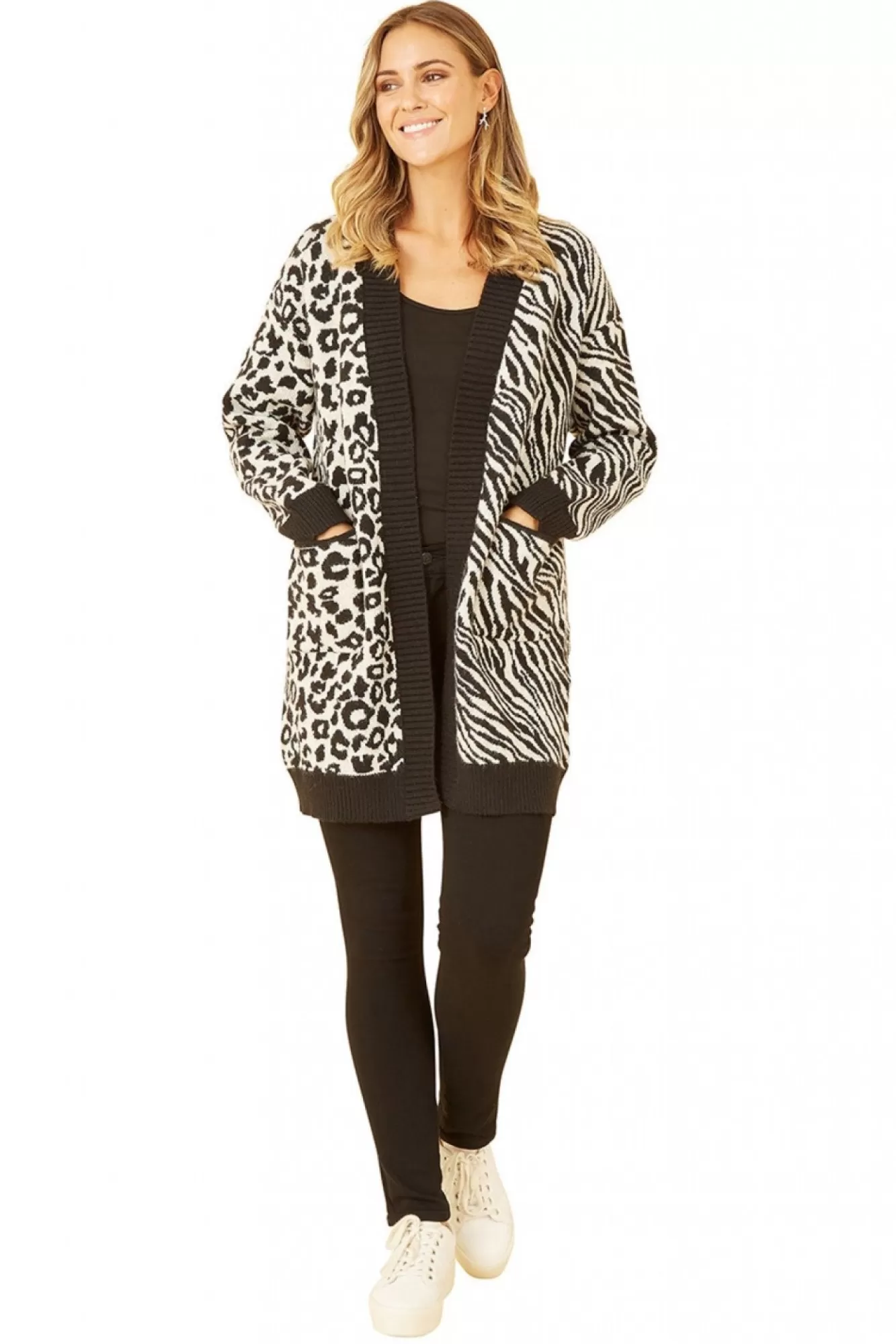 Knitwear^Yumi Zebra And Leopard Print Knitted Intarsia Cardigan Black