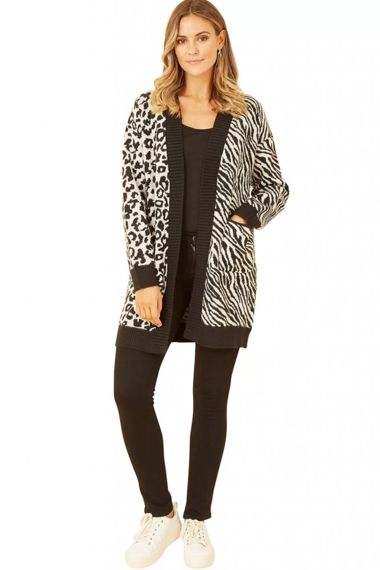 Knitwear^Yumi Zebra And Leopard Print Knitted Intarsia Cardigan Black